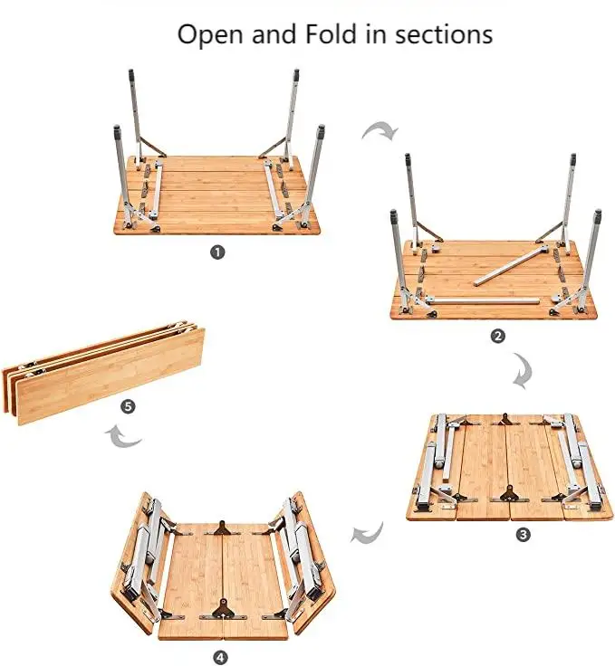 Adjustable Aluminium Alloy Legs, Eco-friendly Natural Bamboo 4- Folds Convenient Camp Table