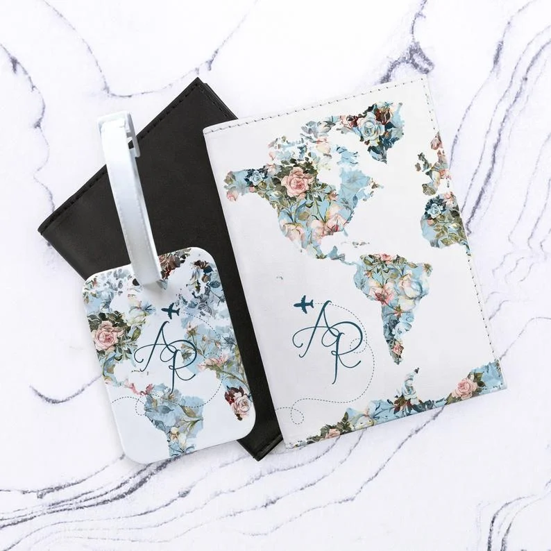 Fashion High Quality Beautiful Flower Pattern Printing International Faux Leather Passport Holder Luggage Tag Set