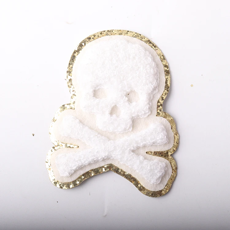 Custom logo small embroidery patches iron on hand claw shape coffee skeleton pencil Halloween chenille patches for hat clothing