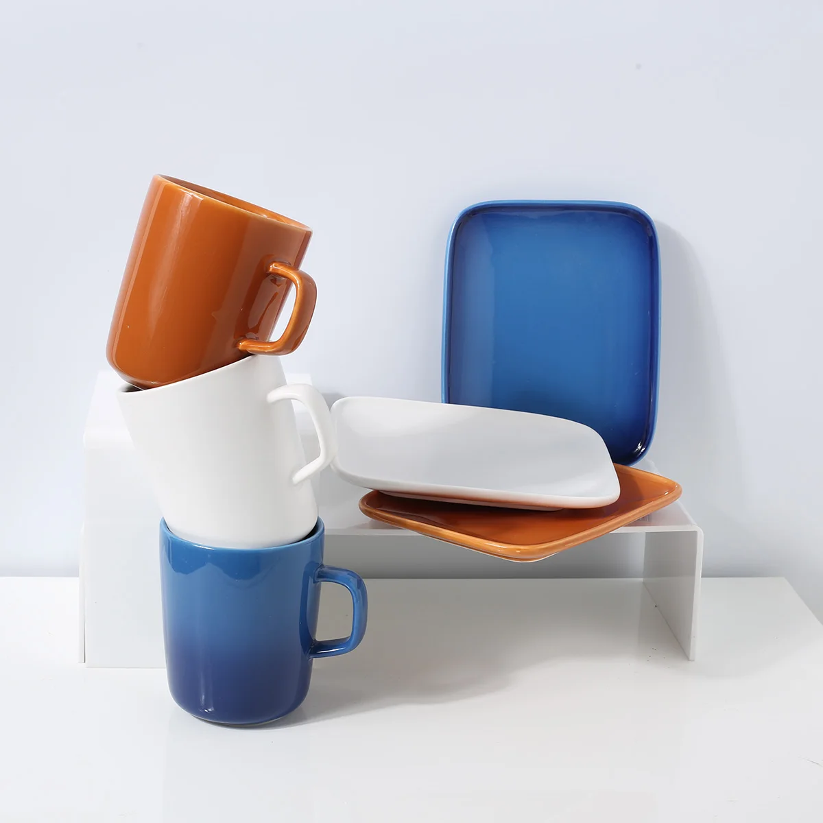 Wholesale Nordic Mug White Brown Blue Colors Ceramic Mugs Coffee Cup And Plate Set