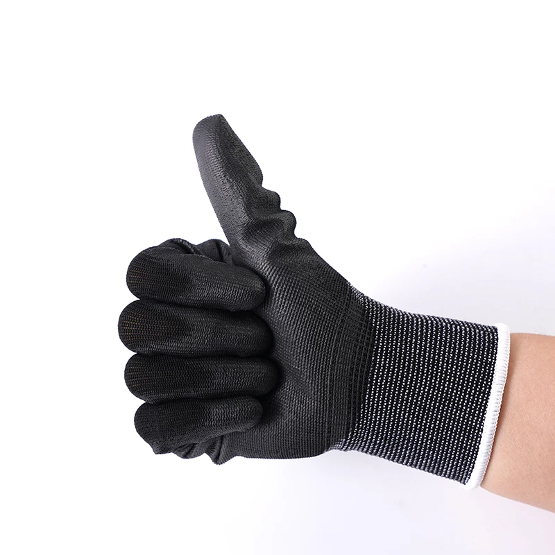 Smooth Pu Palm And Top Pu Coated Gloves Knitted Black Nylon Pu Coated Gloves Work