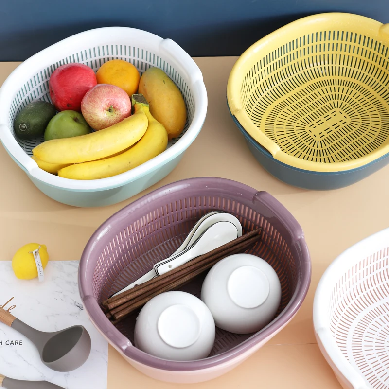 Wholesale Kitchen Tool Multii-funtion Fruit Vegetable Storage Double Layer Plastic Drain Basket With Lid