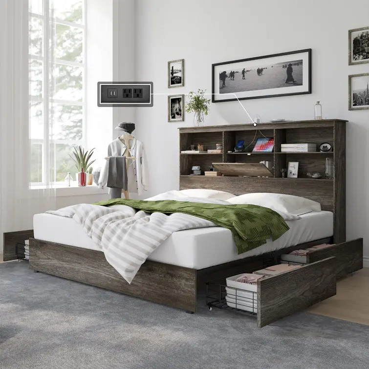 Kainice wooden bed model furniture design bookcase with light rustic smart full queen size bed frame with 4 storage drawers