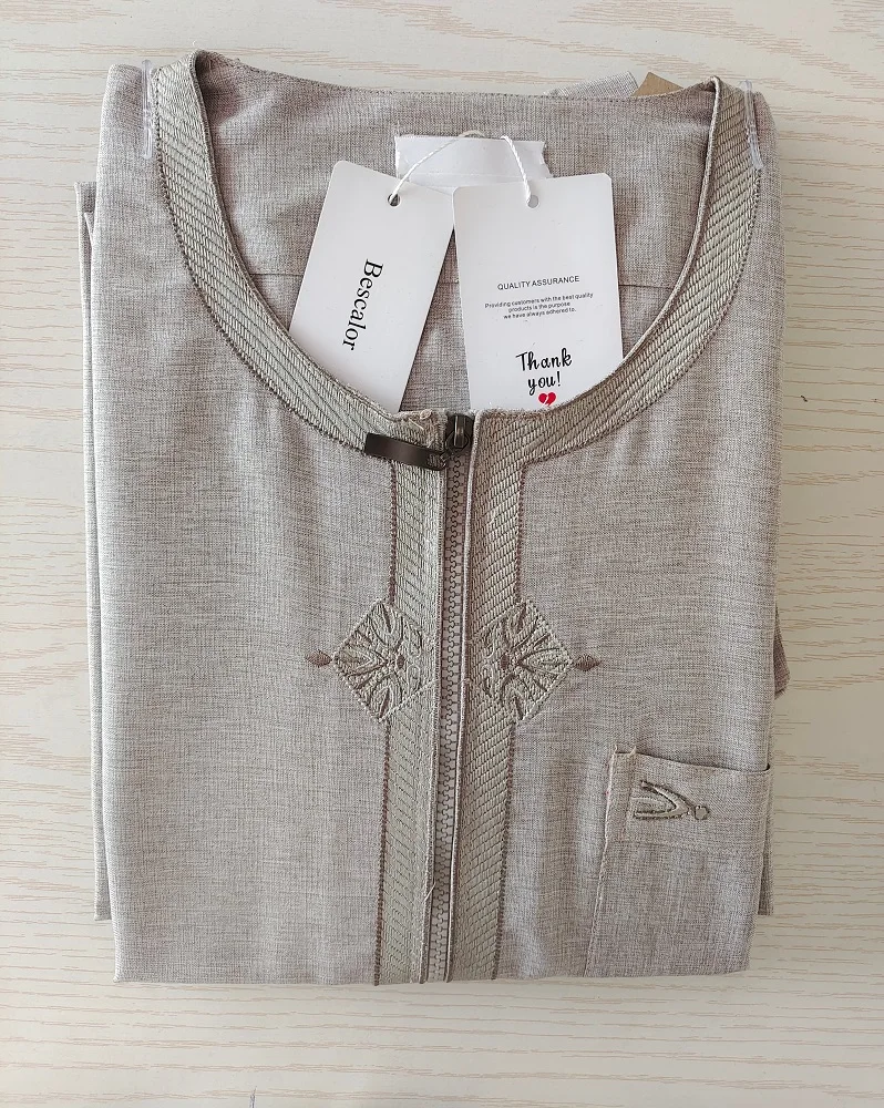 2021 Cotton Fashion Embroidered Half Sleeve Muslim Robe Abaya Men Islamic Clothing