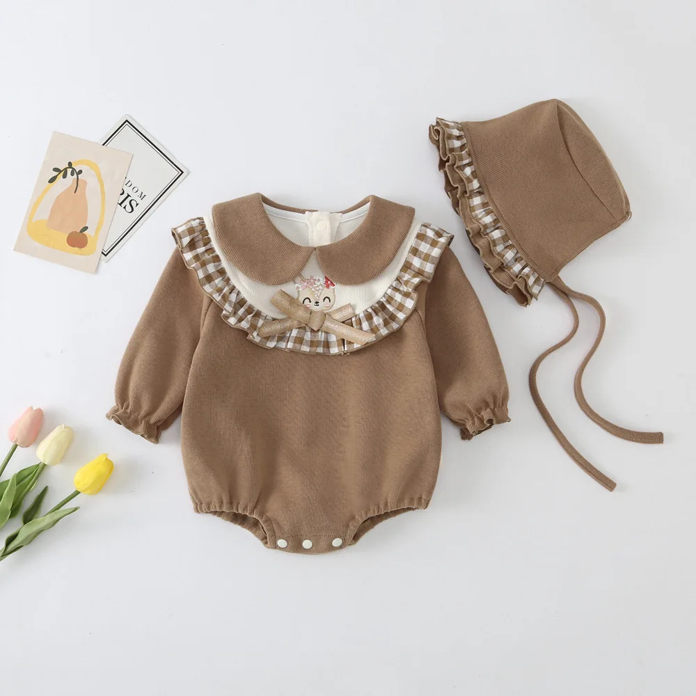 2023 New Arrival Girl Baby One-piece Romper Long Sleeve Cute Beanie Design Autumn Romper