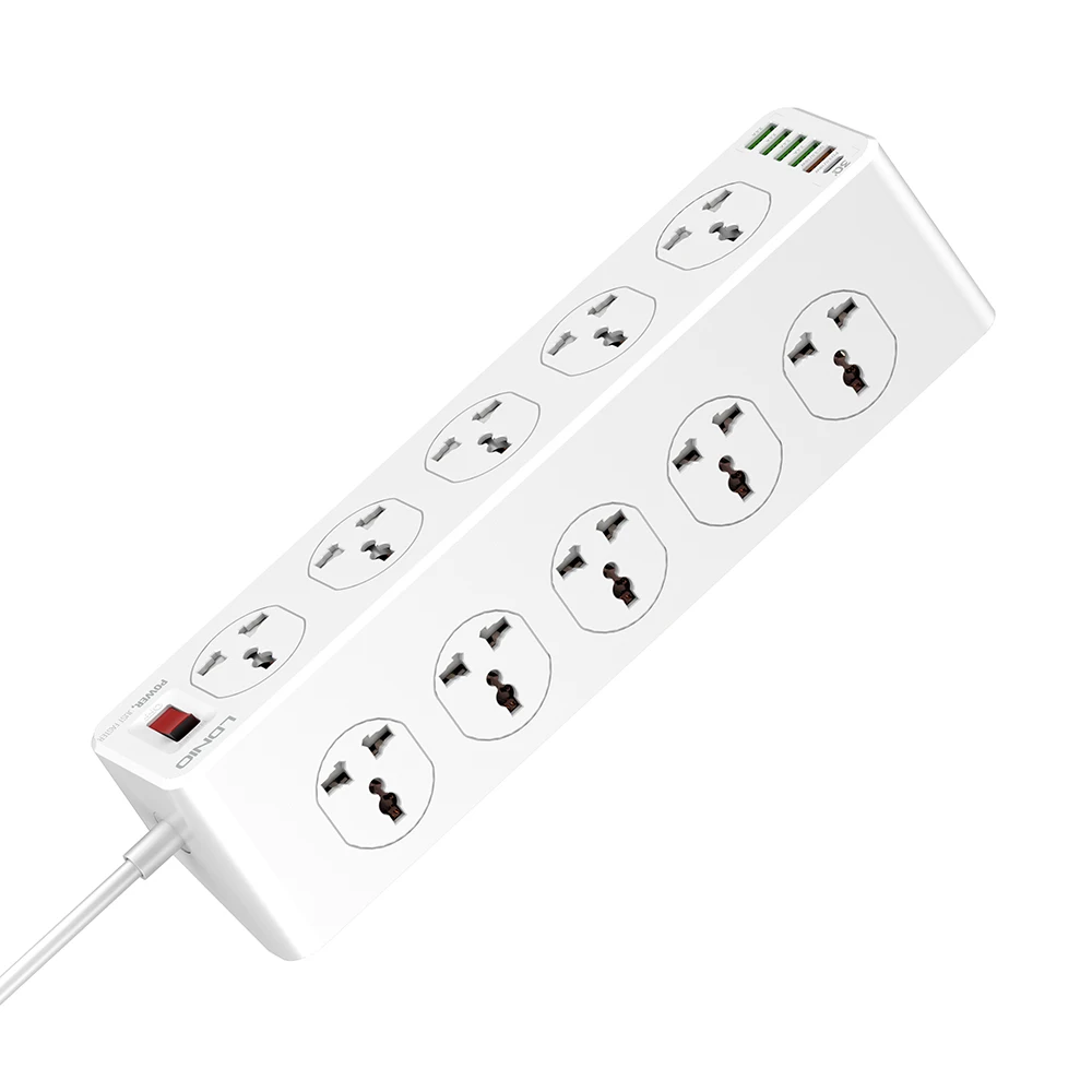 LDNIO SC10610 100-250V SLOPE DESIGN POWER STRIP WITH 10 OUTLETS+5USB PORTS+1PD PORT