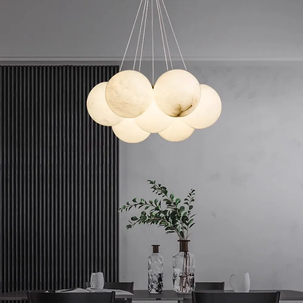 16 Inch Wide 5 Globes Mini Alabaster Ball Hanging Chandelier Nordic Dining Room Kitchen Brass Pendant Light