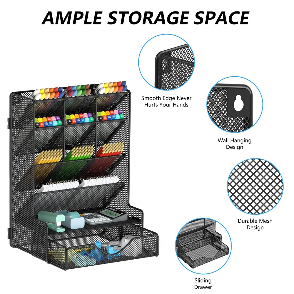 Black Pen Organizer Multi-Functional Metal Mesh Desk Storage Rack Organizer Wall Mount Pen Holder With Drawer