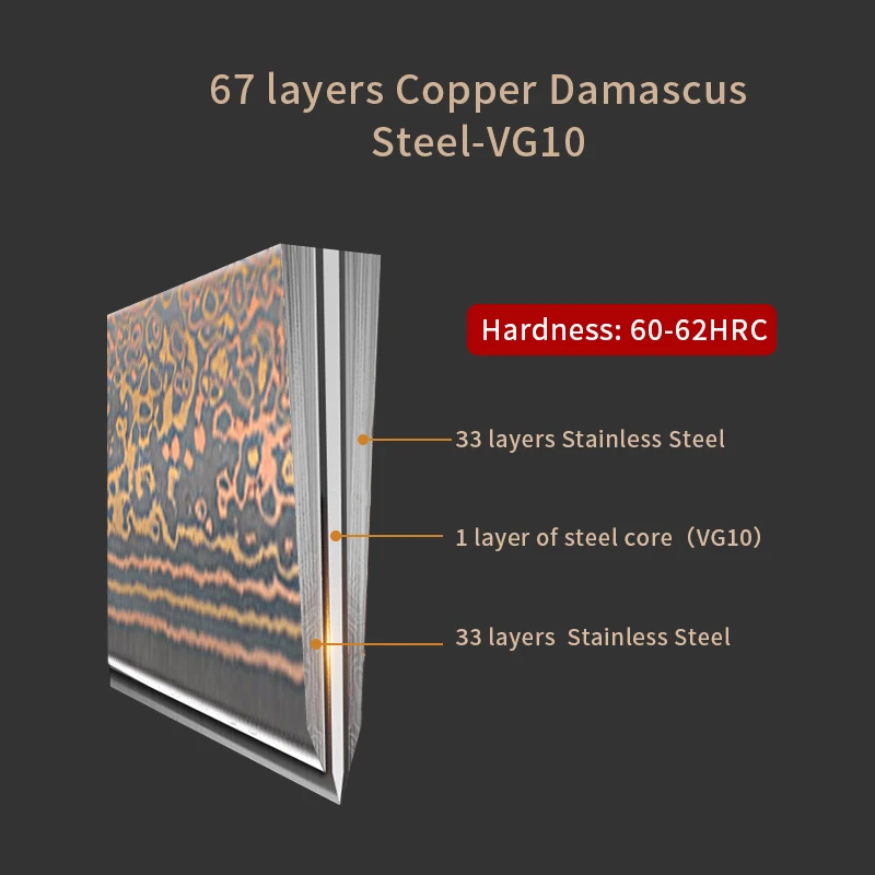 Luxury Copper Damascus Steel Kitchen Knife  Japanese  VG-10 Core Buffalo Horn  Resin Mixed Carbon Fiber& Copper
