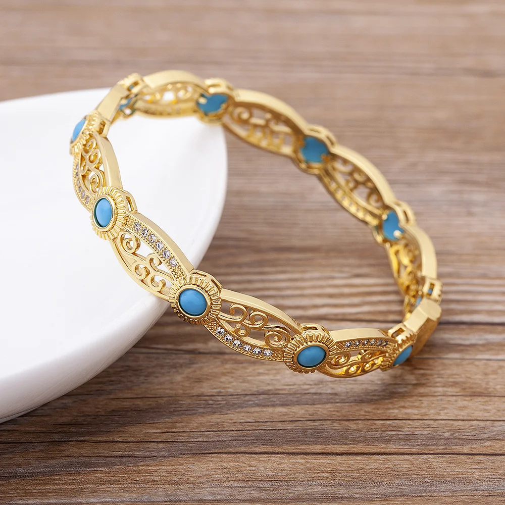 Vintage Indian Style Hollowed Out Gold Bracelets for Women Cubic Zircon Round Design Charm Bangles Wedding Party Jewelry Gift