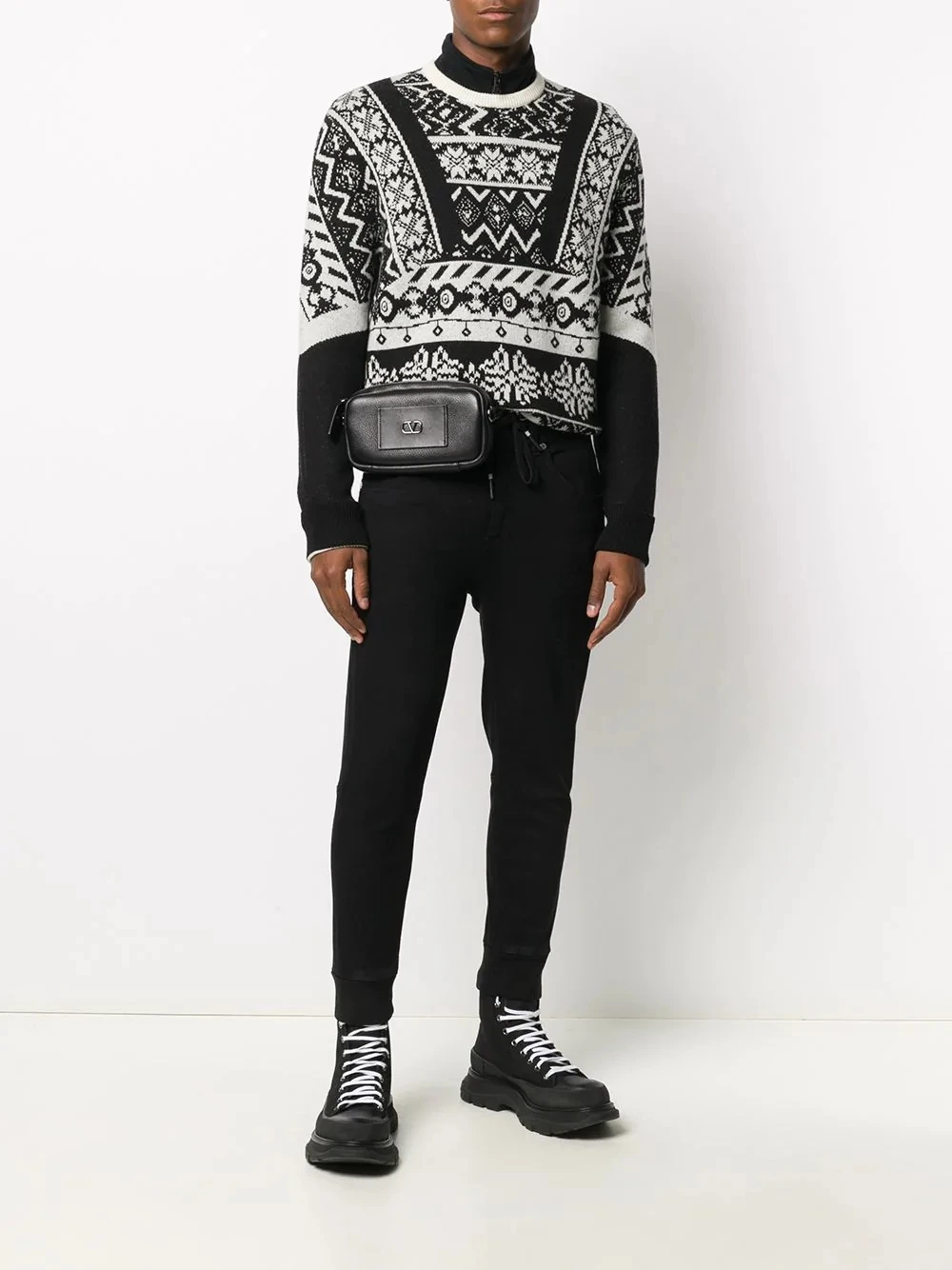 Fashion Designer Casual Custom Logo Men Pattern Sweater Fair Isle Print Black Knitted Crew Neck Pullover Winter Sweater