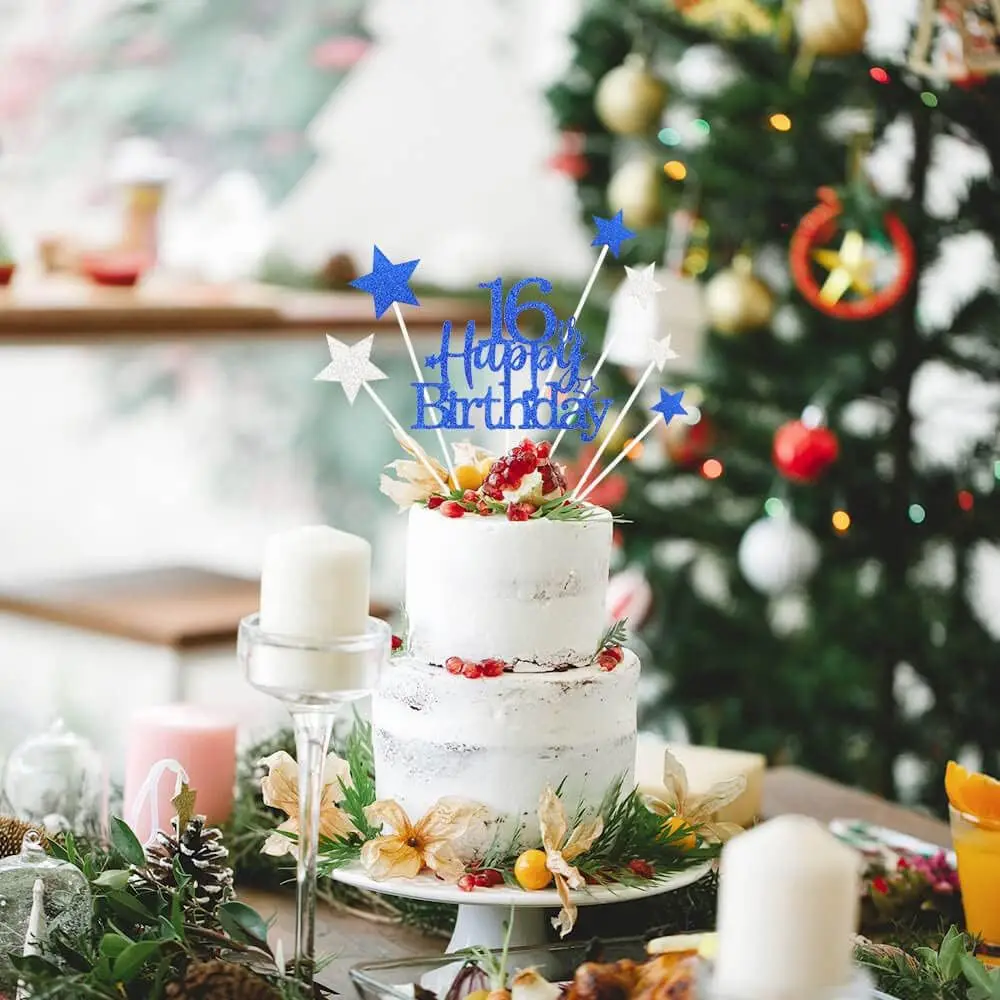 Happy Birthday Cake Decorations 16th Cake Topper Star Cupcake Toppers for Boys Girls 16th Birthday Party Supplies