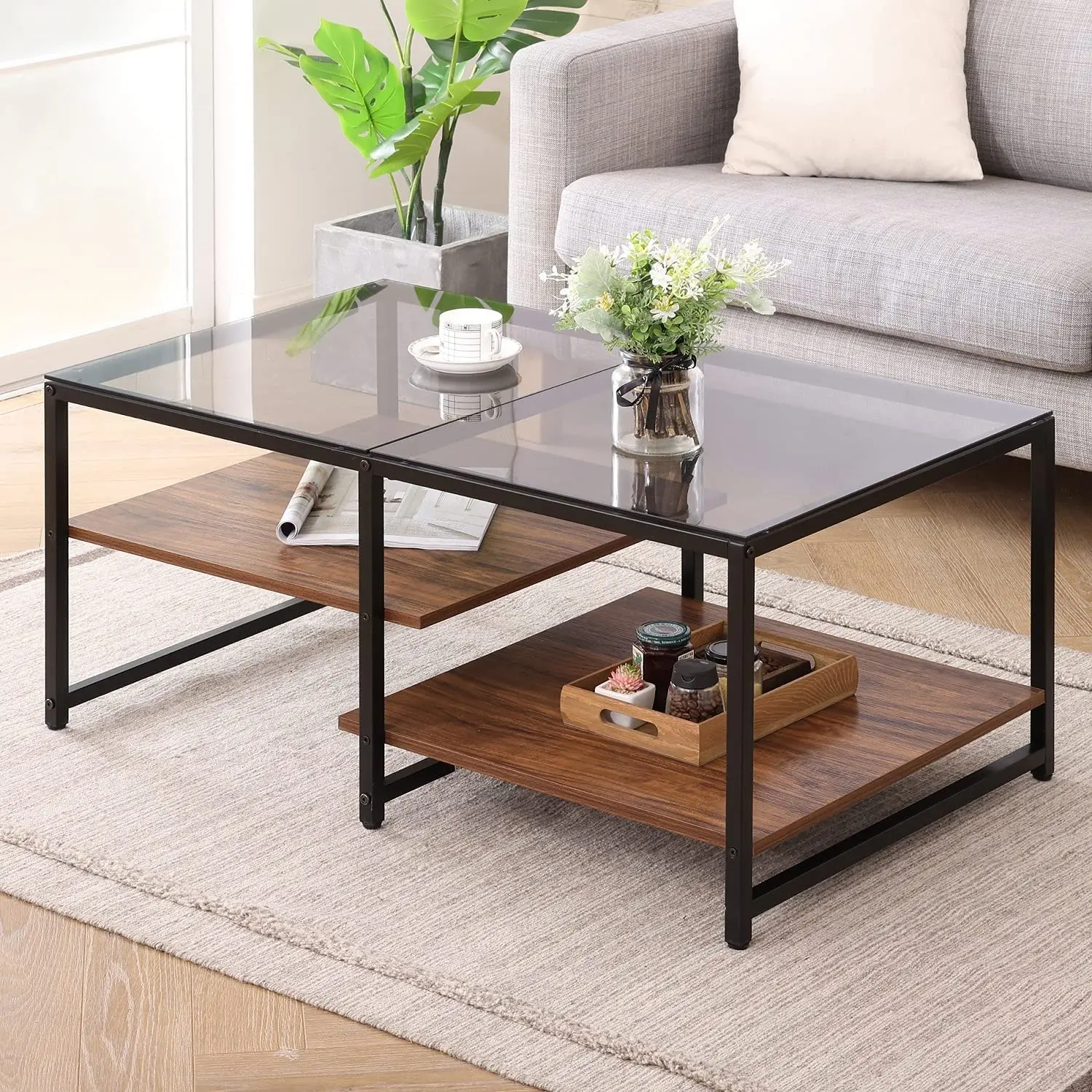 Rectangular Metal Wood Coffee Table with 3-Layer Storage On The Glass Top Of The Living Room