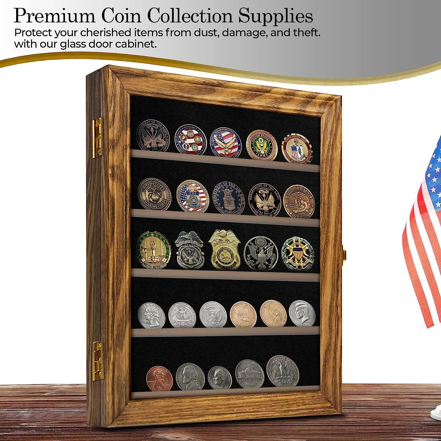 Solid wood medals and badges placement display frame  coin medallion collection  box