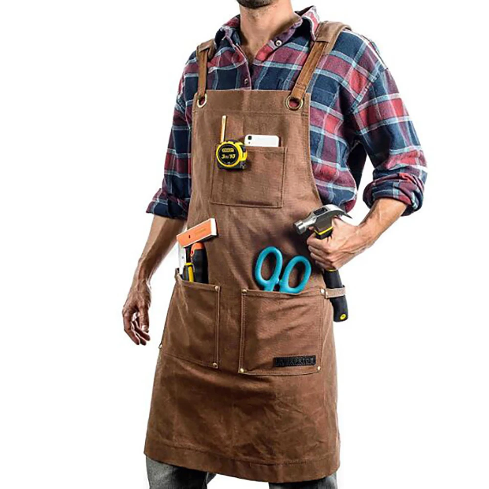 
Waterproof Waxed Canvas Industrial Vintage Apron Garden Worker Electrician Utility Work Apron With Tool Pockets 