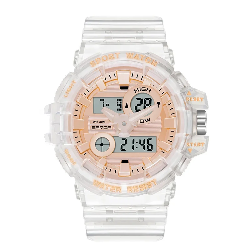 Sanda  3100 multifunctional student electronic watch, youth sweet fashion transparent wristwatch outdoor sports waterproof watch