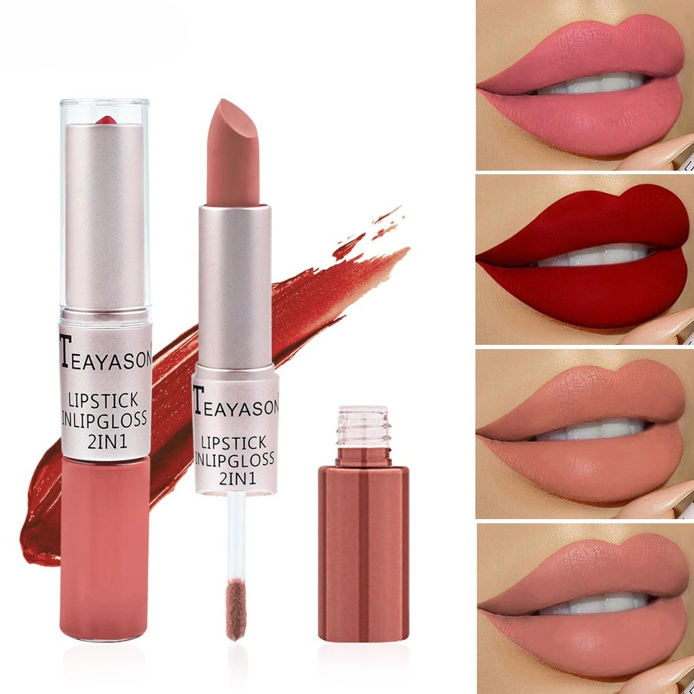 Double-headed no stain on Cup matte finish lip gloss two-in-one matte cameo paste non-fading stick Cup lipstick