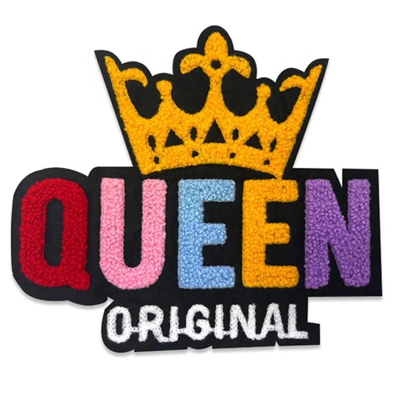 Custom High Quality Colorful Embroidery Letter Logo Iron On Crown Chenille Patches For Clothing
