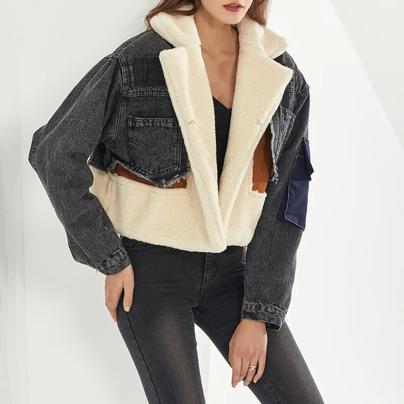 Winter Coat Lamb Hair Inner Deerskin Jean Patchwork Coat Oversized Denim Jacket For Woman Ladys