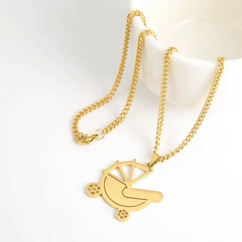 Stainless Steel Gold Plated Baby Pram Stroller Pendant Necklace, Personalized Jewelry, Gift For New Mom