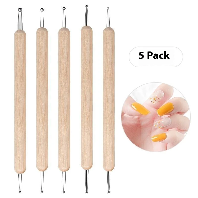 5pcs Double-Ended Nail Art Brush Set Stainless Steel Head & Wooden Handle Dotting Tools for Nail Art