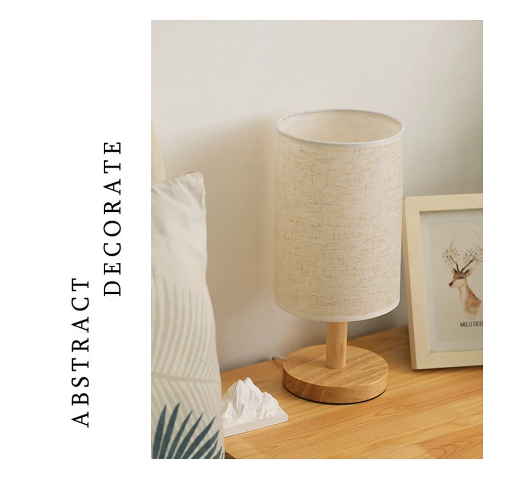 Bedroom Bedside LED Night Light Wooden Small USB Table Lamp Warm White Desk Reading Lamp with Round Fabric Shade for Kid Room