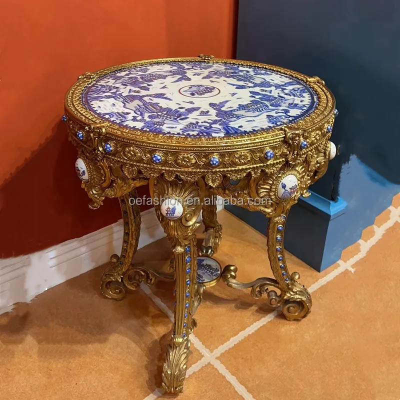 OE-FASHION European retro texture full copper ceramic heavy blue and white brass 0.64 meters texture table round side table