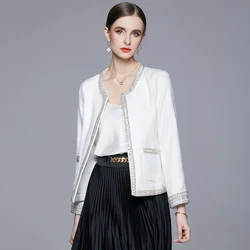 Light luxury heavy industry tweed with cashmere stitching handmade beaded small fragrance all-match coat YYX8200108