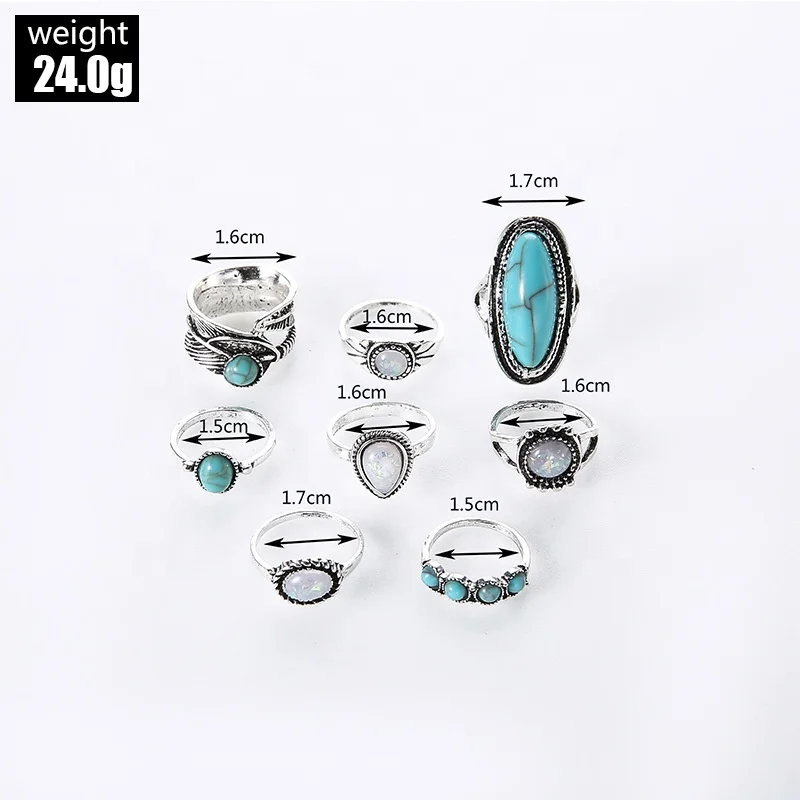 Vintage Mix Design Punk  Unisex Turquoise Gemstone Stone Ring Set Party Fashion Jewelry
