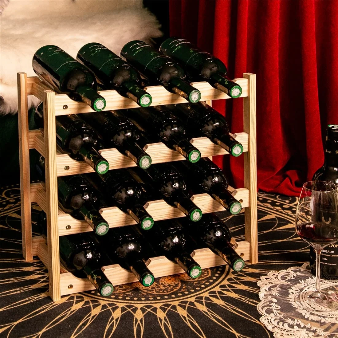 Customized wholesale high quality durable wine cabinet countertop self-standing bottle rack pine wooden wine rack