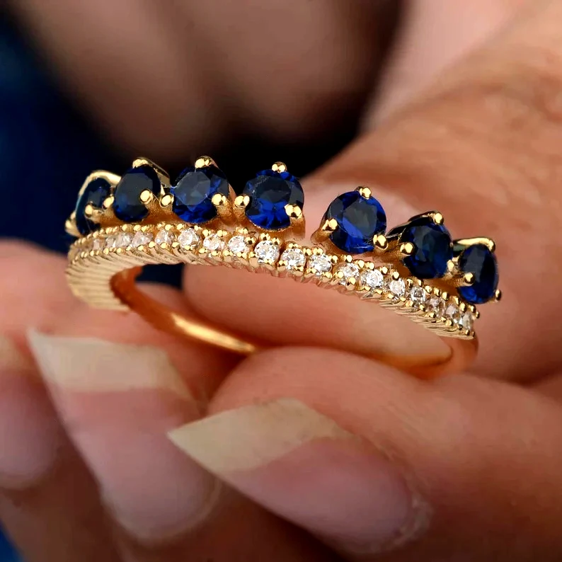 Solid 14K Yellow Gold Genuine Blue Sapphire Gemstone Diamond Princess Crown Ring & Fair Tail Jewelry Handmade Wedding Jewelry