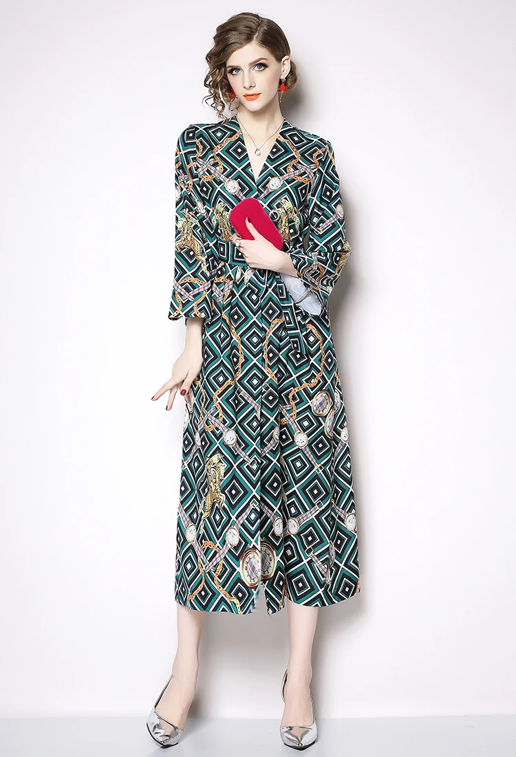 Wholesale Women New Fashion V Neck Wide Cuff Wrist Long Sleeve Plaid Print Long Dress