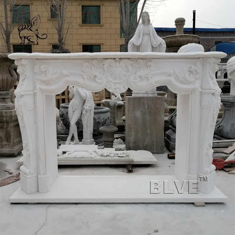 BLVE Modern Indoor Home Decor European Style Freestanding Fireplace Natural Stone Lions Large Marble Mantle Granite Material