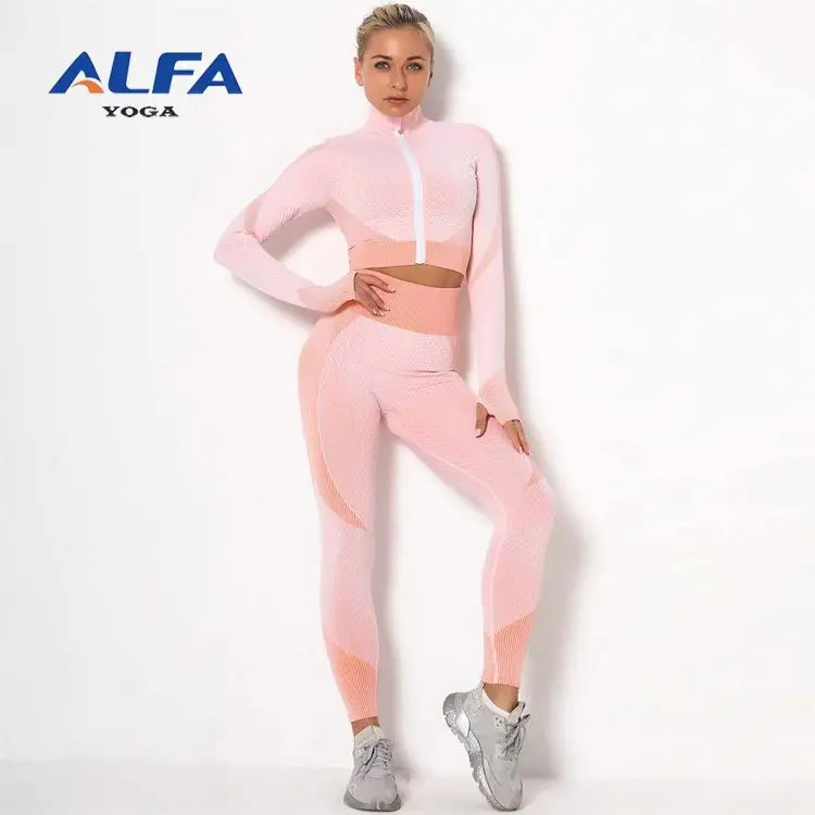 ALFA модный бесшовный спортивный костюм на молнии с длинным рукавом и высокой талией Леггинсы для йоги набор для тренировок и бега