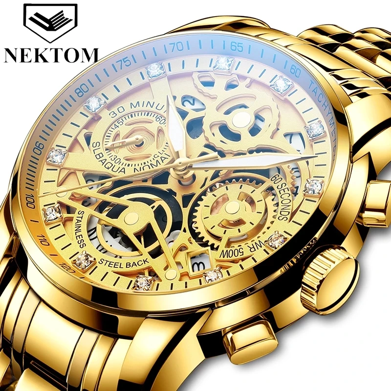 NEKTOM 8202 Gold quartz business men Stainless steel strap watch Luminous hands Chronograph calendar watch reloj