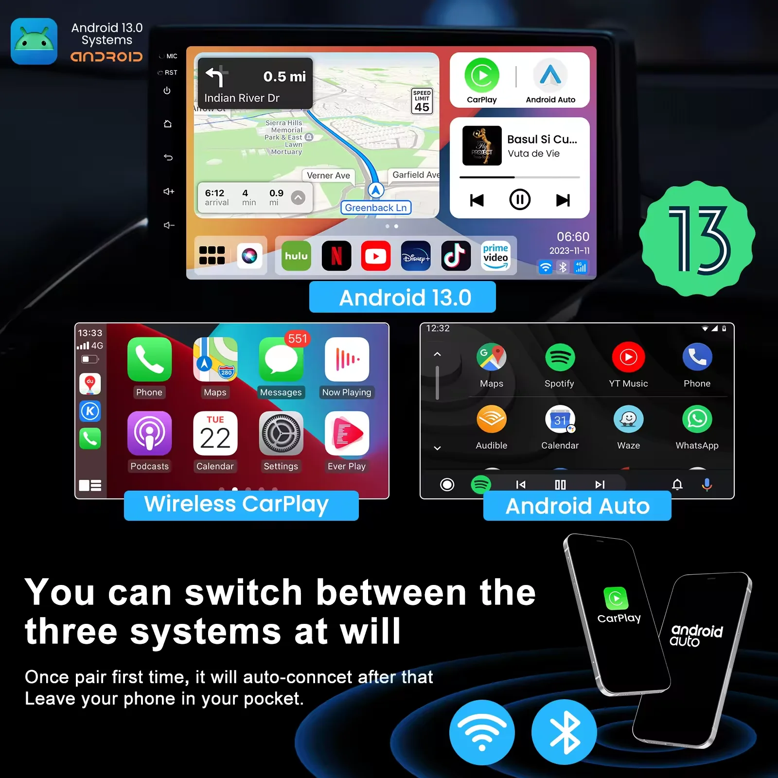 MMB Android 13  Wireless CarPlay Adapter 8+128GB Android Auto Netflix YouTube Google App Store Carplay Android Ai Box