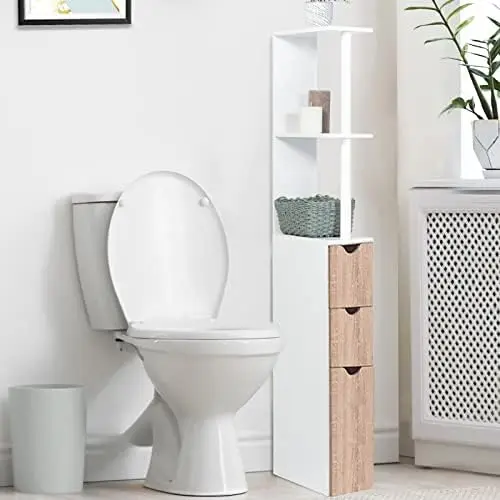 Customized Modern Tall Floor Corner Bathroom Cabinet Wooden Shelf Toilet Unit with 3 Doors in White and Gray