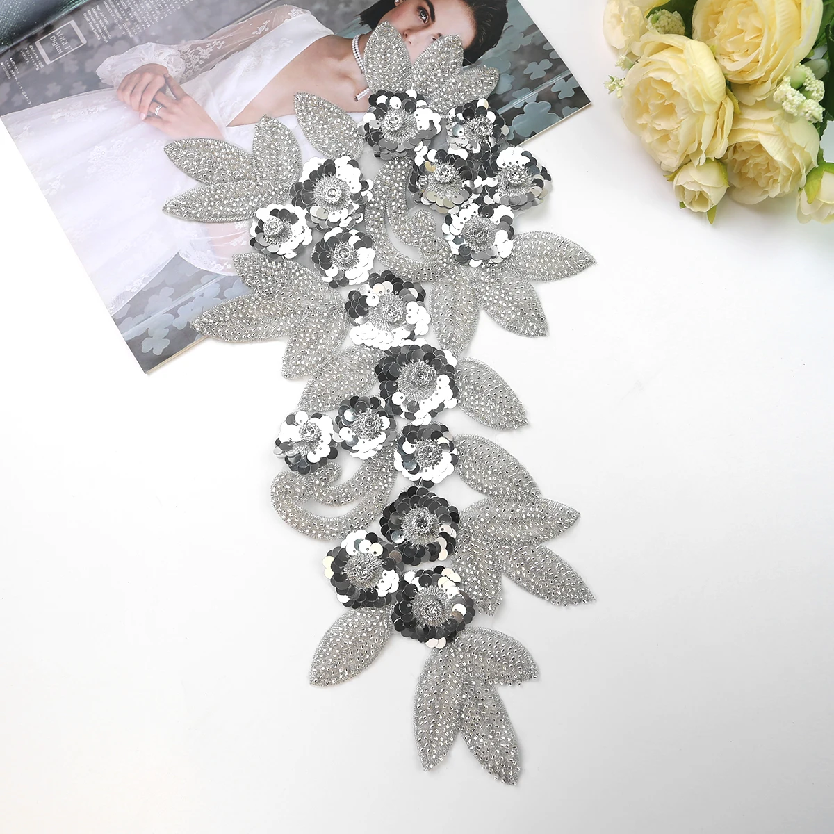 High Quality 3d Sequin Seed Bead Applique Embroidery Leaf Patch
