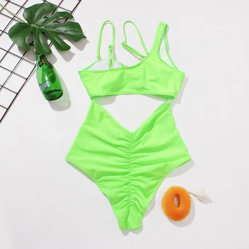 Green One Shoulder One Piece Swimsuit Hollow Slingshot Swimsuit Sexy Bikini Swimwear Neon