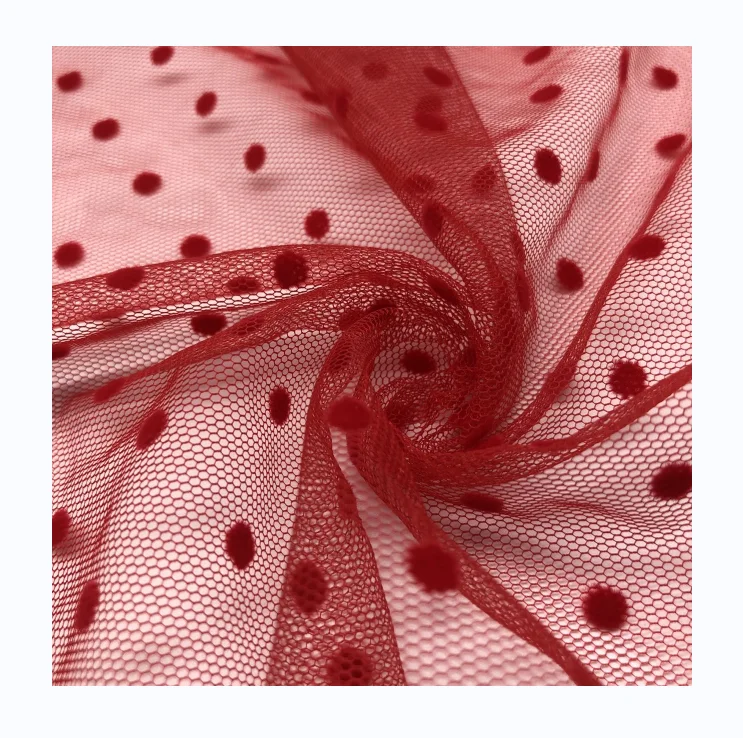 Fancy 100% polyester  Wedding soft swiss polka dot flocking Pattern Printed tulle mesh fabric for dress