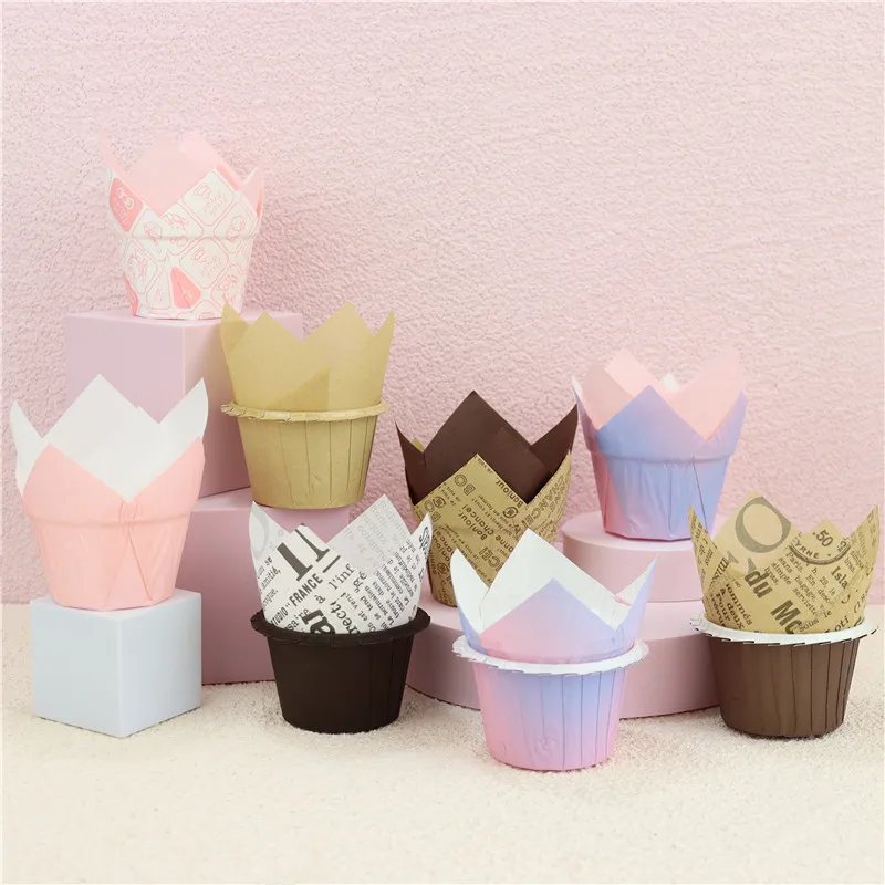 Wholesale tulip pink gradation newspaper muffin cake paper cups Heat resistant oil resistant lace coated muffin paper holder