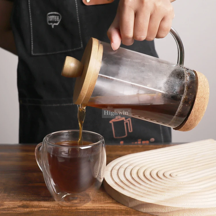 HIGHWIN Heat Resistant Bamboo Lid French Press High Borosilicate Glass French Press