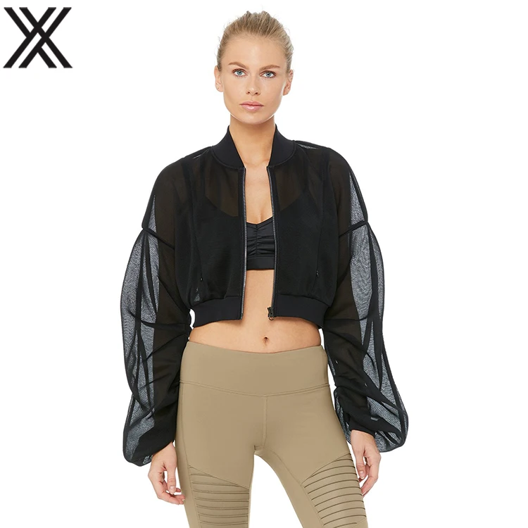 Hot summer Black gauze mesh long sleeve crop jacket  women fashion cropped sports jackets