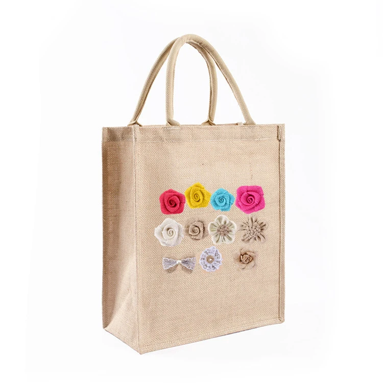 Professional Customizing Women Girls Reusable Shopping Handbag Creative Handle Decoration  DIY Burlap Tote Bags Jute