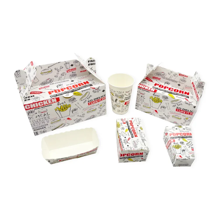Custom Disposable Takeway  Grade Foldable For Delivery Catering Fries Hot Dog Hamburger Popcorn Chicken Paper Packiging Boxes