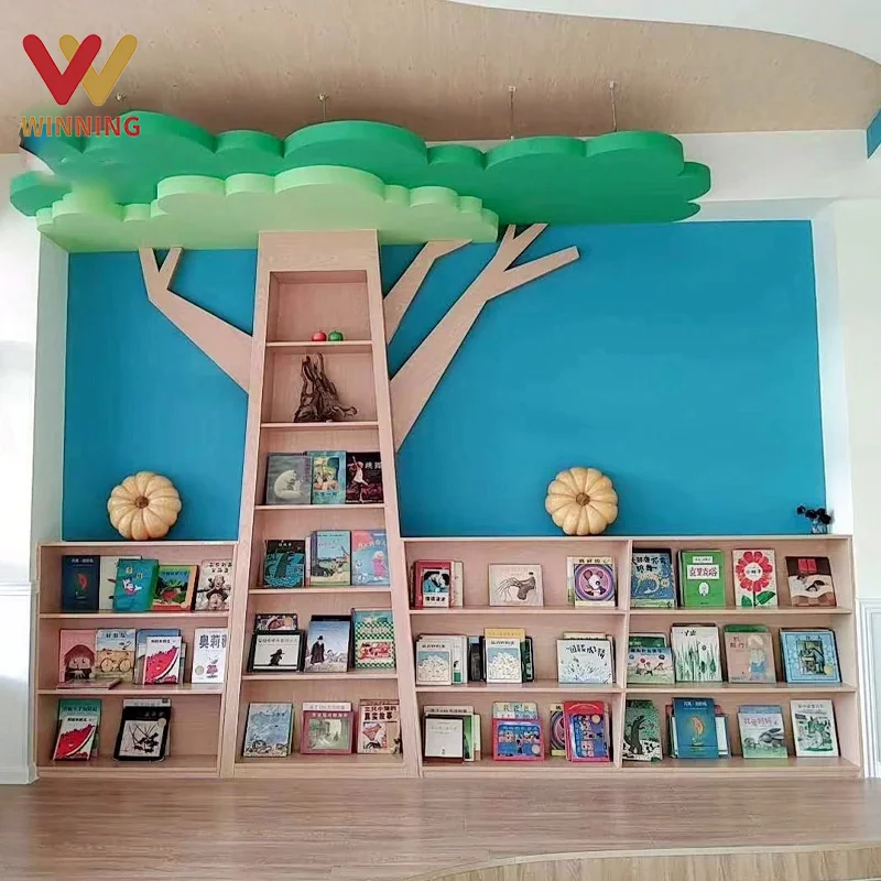 Factory Customized Montessori Kindergarten Daycare Wooden Tree Bookcase Kids Storage Cabinet Reading Corner Library Furniture