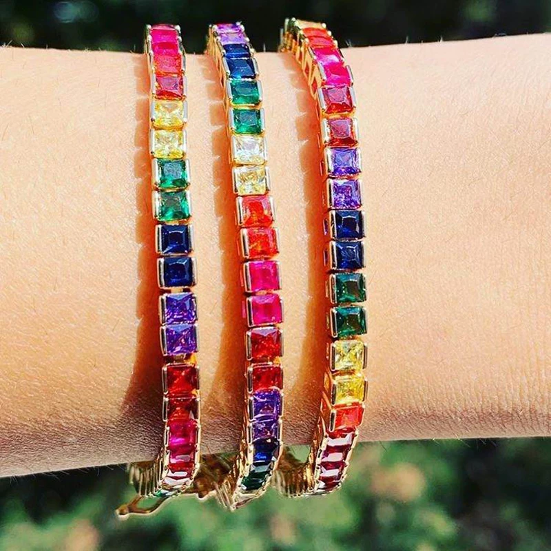Promotion New arrived rainbow cz paved bridge bracelet bangle for women lady wedding tennis bracelet with colorful cz stone