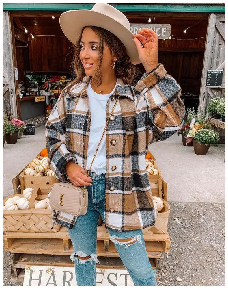 2022 Wholesale Women Clothes Outdoor Jacket Women Plaid Shacket Ladies Flannel Jacket