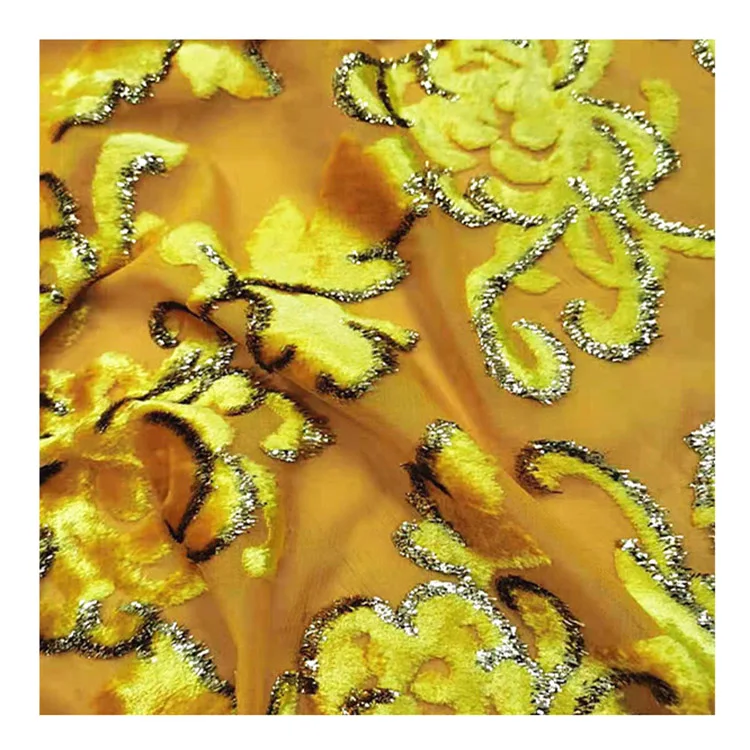 
New Arrival Bright Golden Shiny Lurex Metallic Soft Flower Jacquard Velvet Fabric 