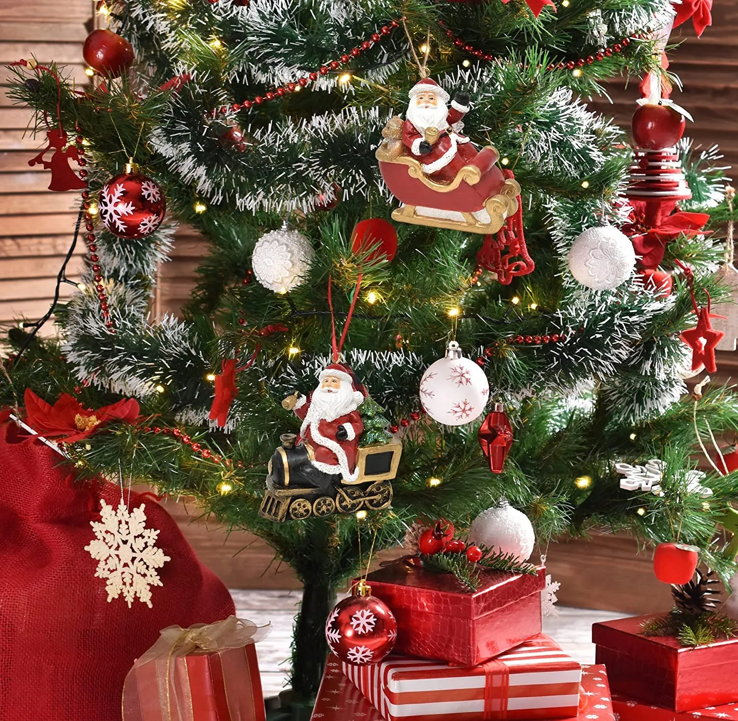 FREE SAMPLE Christmas Santa Figurines Ornaments Decoration Set of 2 Miniature Santa Sleigh and Train Holiday Tree Ornament Decor